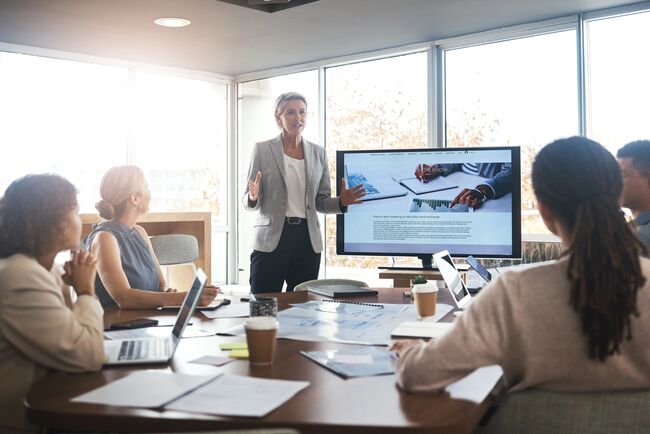 market research data and workshop of a female manager meeting with marketing group