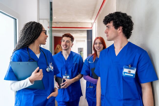 oung medical students and healthcare professionals in blue scrub uniforms, collaborating and learning
